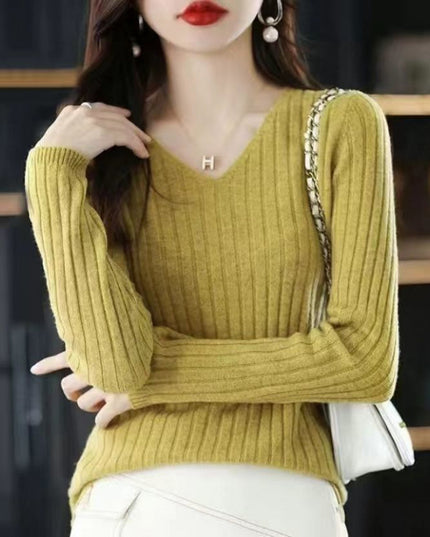Slim V-neck Pullover Long Sleeve Knitted Sweater
