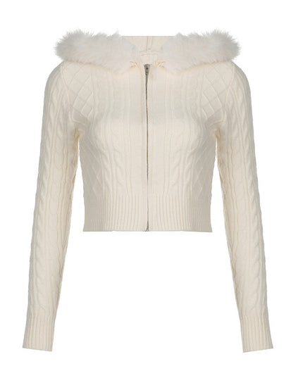Women's Wool Stitching Hooded Wool Top With Twist Zipper Nipped Waist Knit Sweater