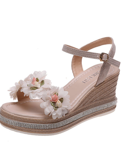 Muffin Wedge Beaded Flower Buckle Sandals
