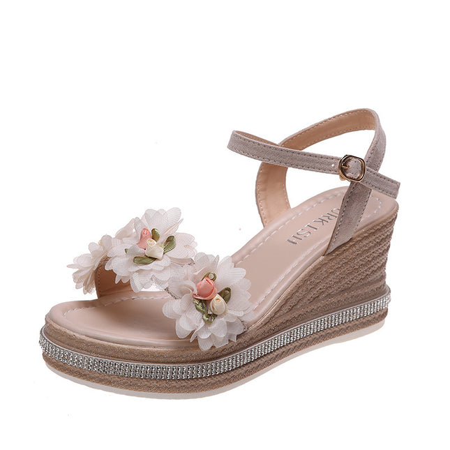 Muffin Wedge Beaded Flower Buckle Sandals