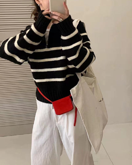 Korean Style Half Turtleneck Zipper Pullover Knitting Vintage Stripe Sweater