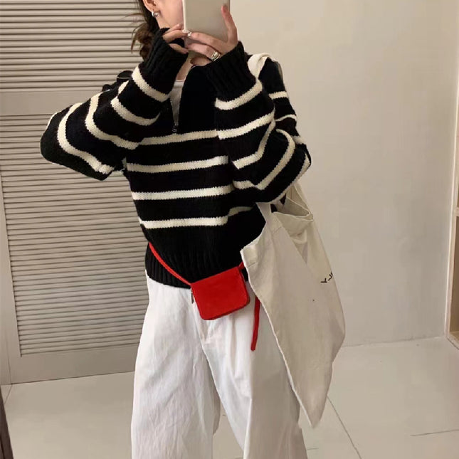 Korean Style Half Turtleneck Zipper Pullover Knitting Vintage Stripe Sweater