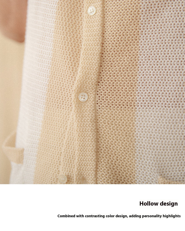 Hollow Cotton And Linen Lapel Short-sleeved Cardigan Knitted Top