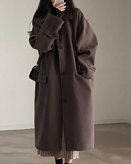 Retro Lapels Single-breasted Loose Mid-length Woolen Coat
