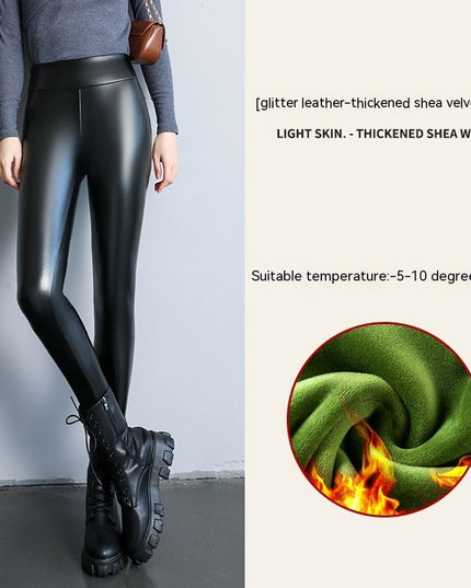 PU Fleece-lined High Waist Slimming Windproof Waterproof Leggings