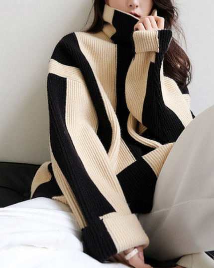 Idle Style Turtleneck Pullover Black And White Striped Sweater For Women