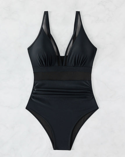 Pure Color Mesh Halter Bikini One-piece Swimsuit