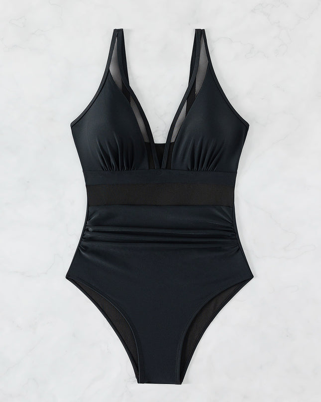 Pure Color Mesh Halter Bikini One-piece Swimsuit