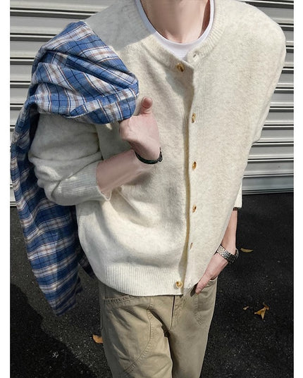 Creamy-white Breasted Knitted Cardigan For Men