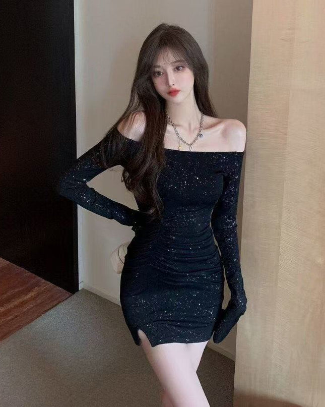 Off-shoulder Dress Women's Slim-fit Sequined Long Sleeve Narrow Short Skirt Sexy