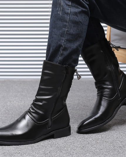 Pointed Leather Boots Men's British Korean High-top Leather Shoes Mid-calf Length
