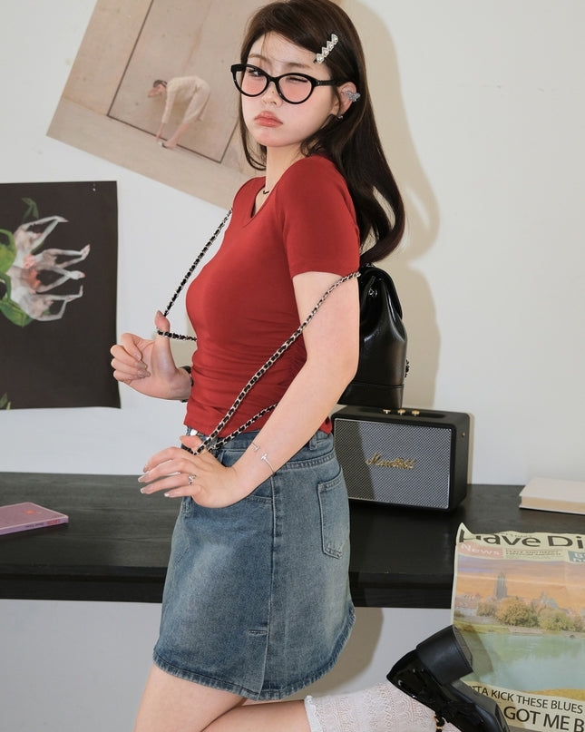 Plus Size Pleating Midriff Outfit High Elastic Bottoming Shirt Short Sleeve T-shirt