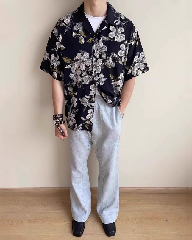 Vintage Cuban Collar Ice Silk Printed Shirt