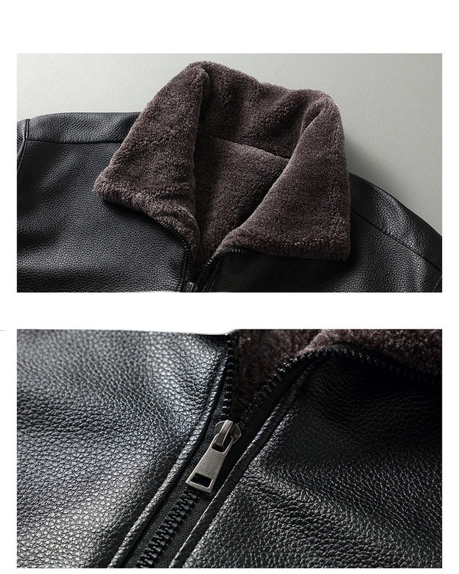 Fleece-lined Men's Leather Clothing With Stand Collar