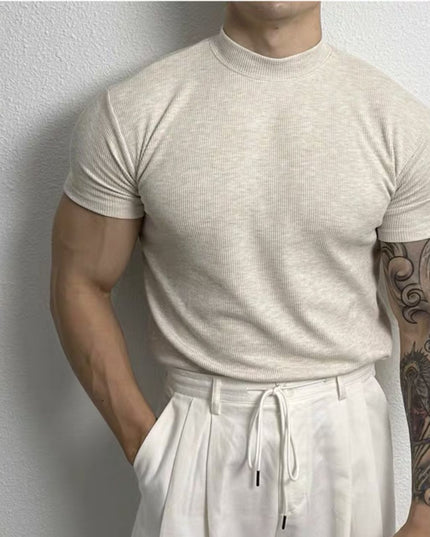 Men's American-style Pure Color Half Collar Thread Stretch T-shirt Top