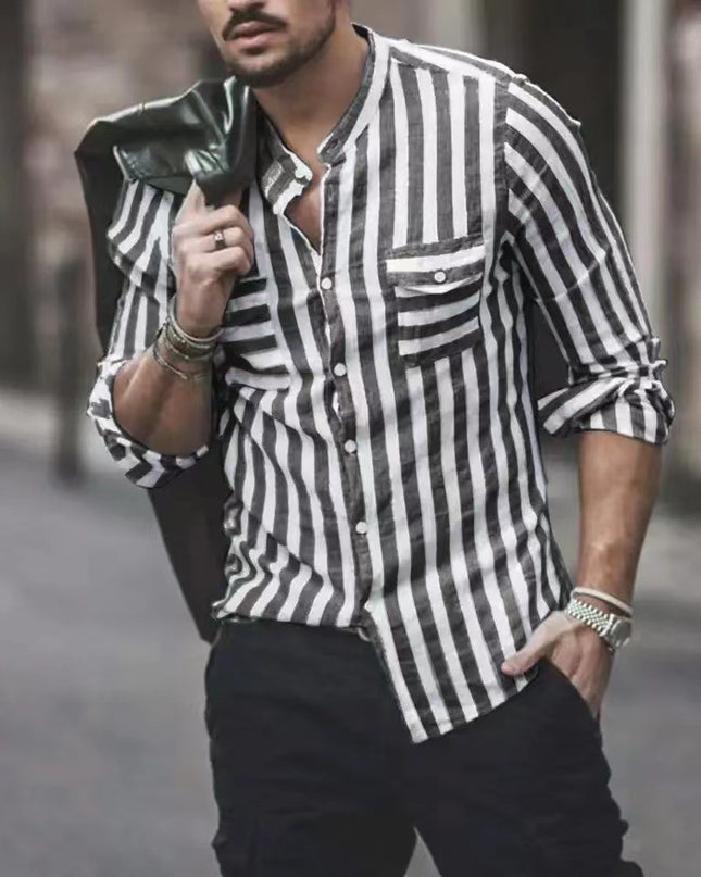 Striped Men's Stand Collar Long Sleeve Casual Shirt