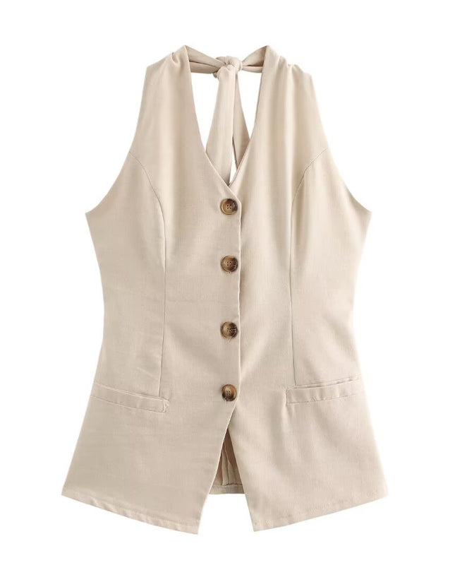 Classic Style Cotton And Linen Halterneck Vest Suit Women's Summer High-grade Trousers