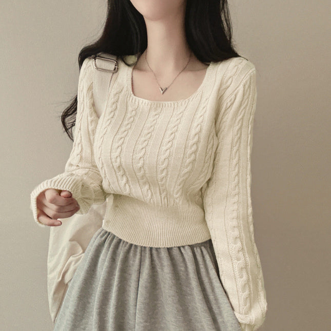 Retro Twist Knitted Sweater Single Row Button Square Collar Solid Color Underwear Top