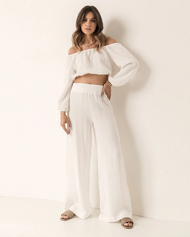 Crepe Cotton Long Sleeve Short Breathable Trousers, White Two-piece Set