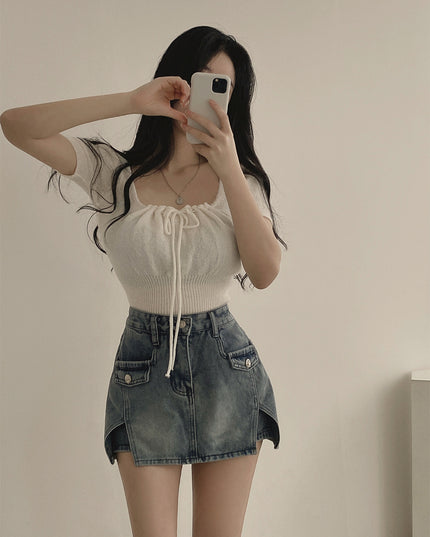 Square Collar Drawstring Short Knitwear Slim Top