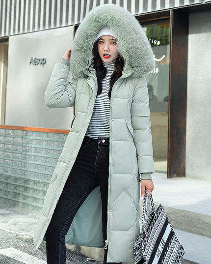 Waist-in-knee Padded Quilted Jacket With Thick Fur Collar