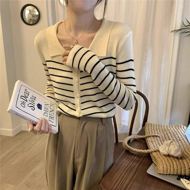 Women's Black And White Autumn Striped Sweater Top