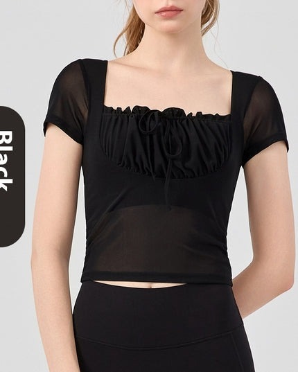 Lace Pleated Yoga Clothing Top Sports Short Sleeve With Chest Pad