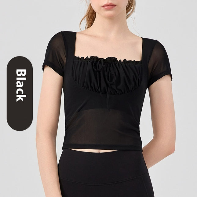 Lace Pleated Yoga Clothing Top Sports Short Sleeve With Chest Pad
