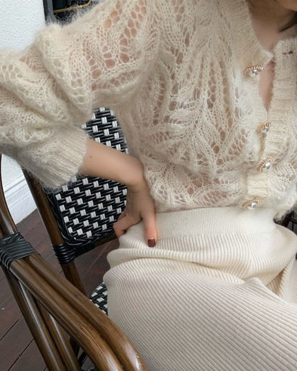 Women's French-style Mohair Hollow-out Thin Knitted Cardigan