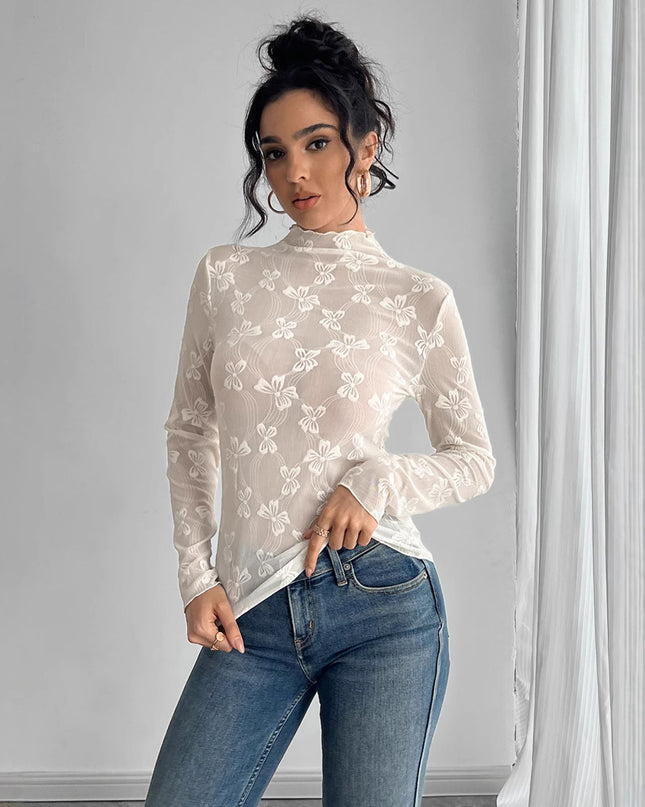 Butterfly Jacquard Mesh Slim Fit Stand-up Collar Long-sleeved