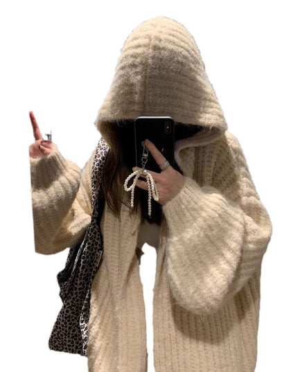 Retro Maillard Hooded Sweater Cardigan For Women