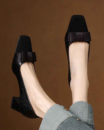Retro Square Head Stitching Chunky Heel Pumps Women's Spring And Autumn New Bow Low-cut High Heels