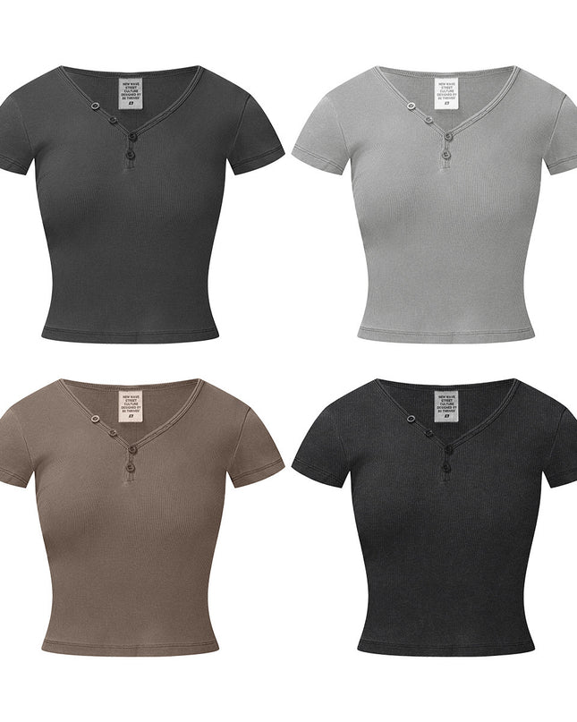 American Retro Design Hot Girl Slim Top Button V-neck Shoulder Short Sleeve