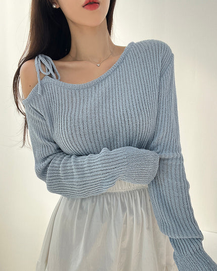 Lace-up Design Sunken Stripe Long-sleeved Sweater Women's Top