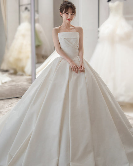 Women's Satin Tube Top Simple Elegant French Style Large Tail Elegant Wedding Dress