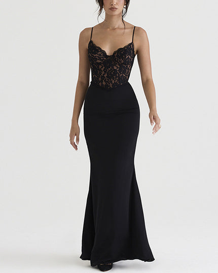 Lace High Waist Long Dress Deep V Strap Fishtail Gown