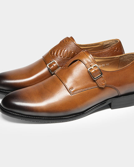 Men's First Layer Cowhide Summer Round Toe Double Buckle Retro Style Business Leather Shoes