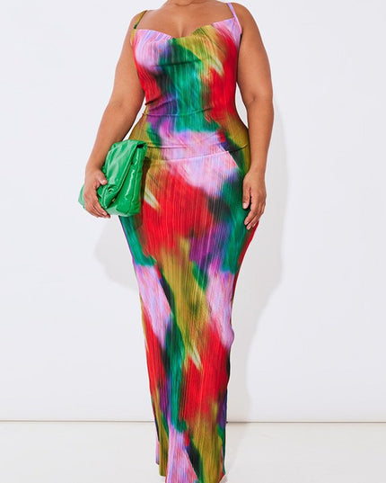 Printed Pleated Slim Fit Slimming Spaghetti Straps Maxi Dress