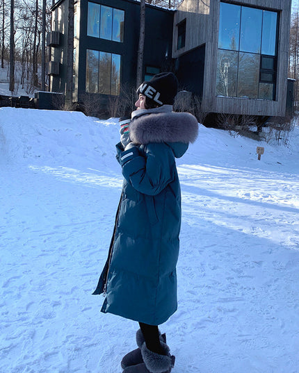 White Duck Down Jacket Women's Mid-length Big Fur Collar Loose Thick