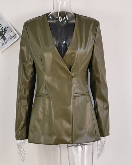 Fashionable Elegant Green V-neck Slim Suit Leather Coat