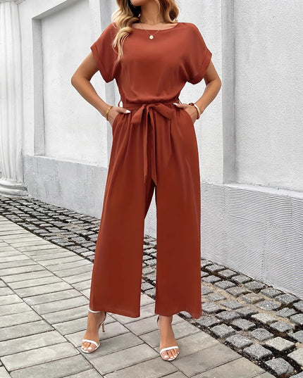 Women's Fashion Solid Color With Belt Round Neck Jumpsuit