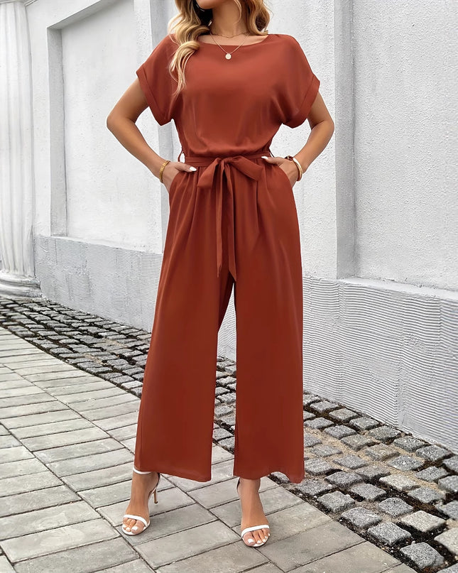 Women's Fashion Solid Color With Belt Round Neck Jumpsuit