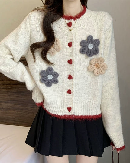 French Style Temperament Flower Round Neck Sweater Short Knitted Cardigan