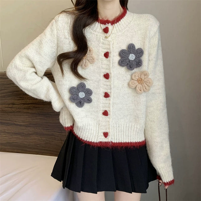 French Style Temperament Flower Round Neck Sweater Short Knitted Cardigan