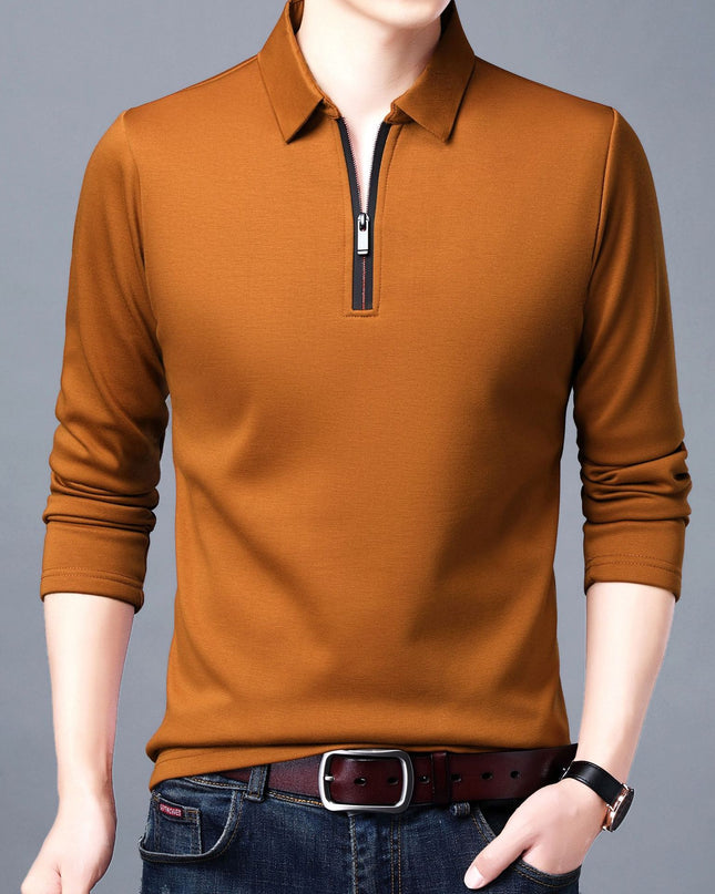 Spring And Autumn Men Long Sleeve Lapel Half Zip T Shirt