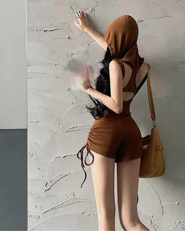 Hooded Drawstring Slim Sleeveless Backless Fitness One-piece Shorts