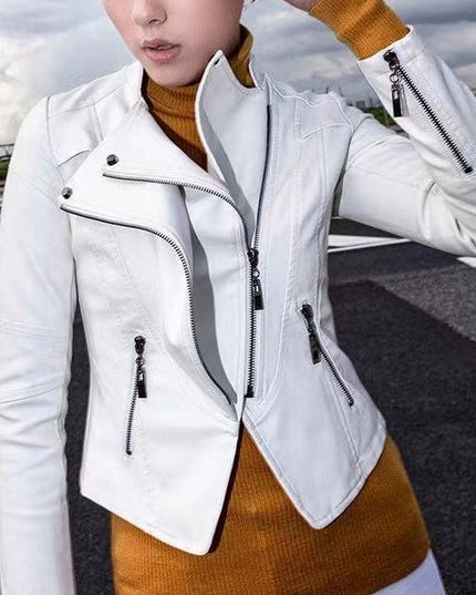 New Women's Leather Top Coat European And American Fashion Motorcycle Slim Fit Short Leather Jacket Jacket Zipper One Generation