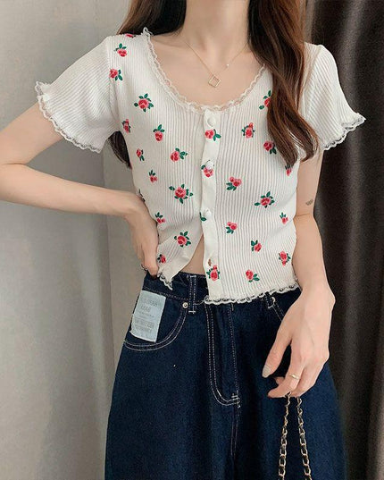 Age-reducing Floral Knitted Bottoming Shirt Short Sleeve