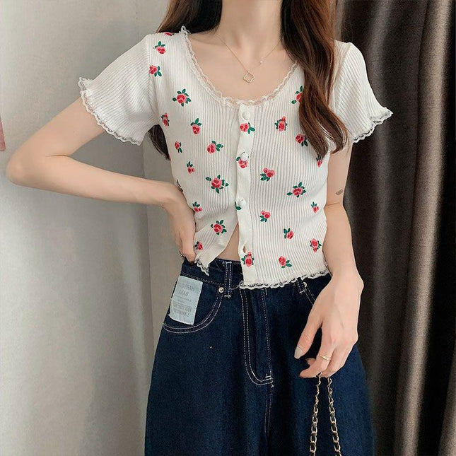 Age-reducing Floral Knitted Bottoming Shirt Short Sleeve
