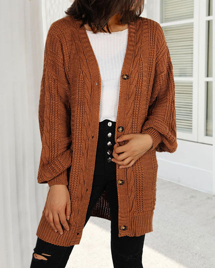 Autumn New Knitted Solid Color Plus Size Cardigan V-neck Twist Lantern Sleeve Coat For Women
